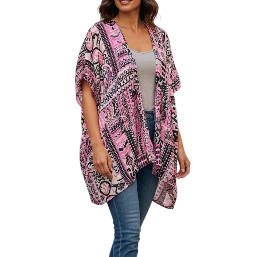 Easel Pink and Black Patterned Kimono Cardigan